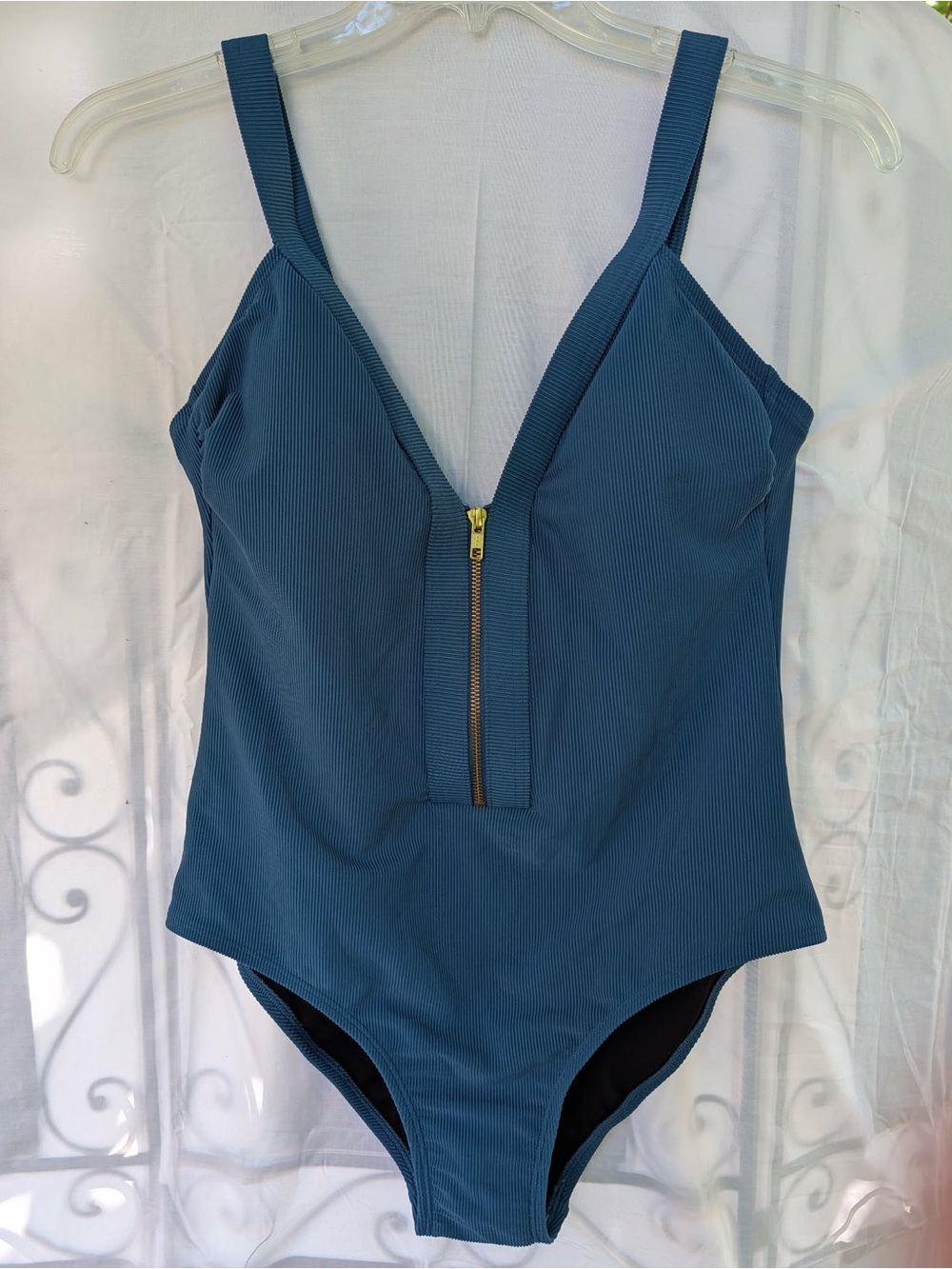 Kona Sol Teal Ribbed One-Piece Swimsuit with Front Zip